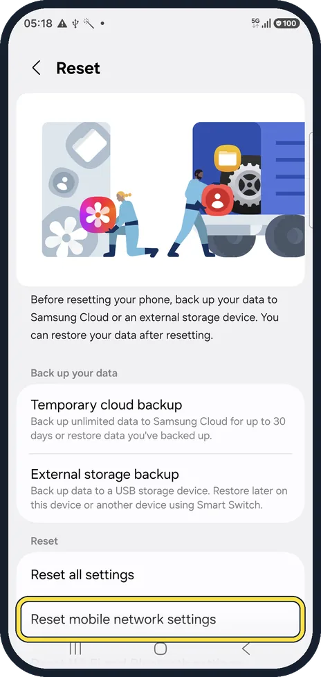 Android screenshot: Tap Reset and pick the network reset