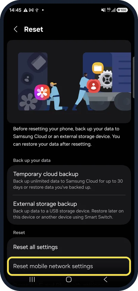 Android screenshot: Tap Reset and pick the network reset