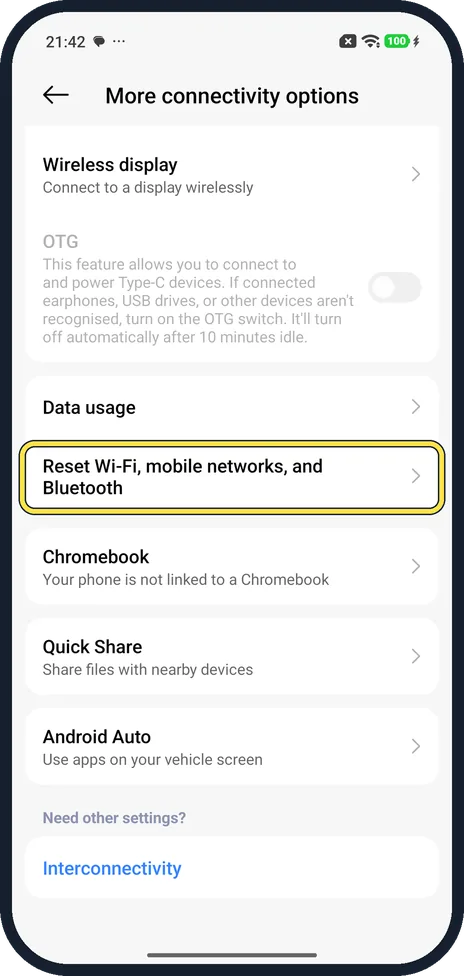 Android screenshot: Tap the reset row