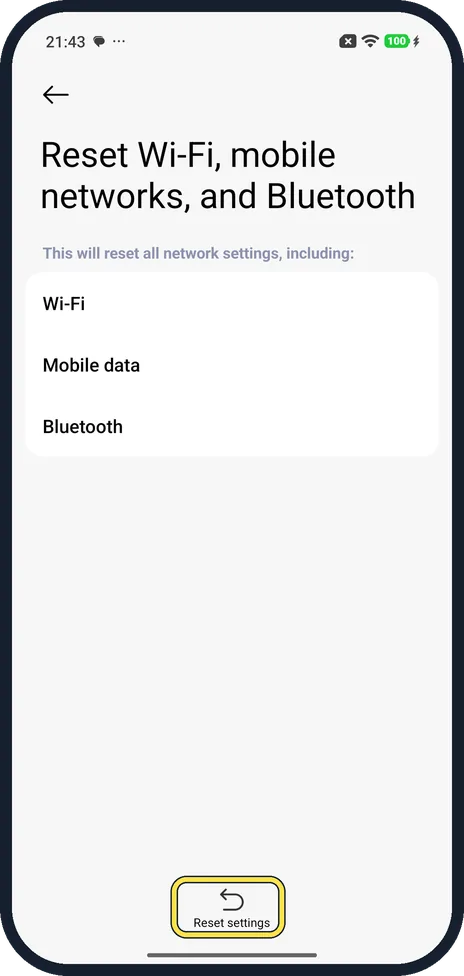 Android screenshot: Tap Reset settings