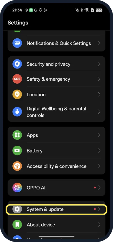 Screenshot from the guide: How to reset network settings on an OPPO phone (ColorOS 16)