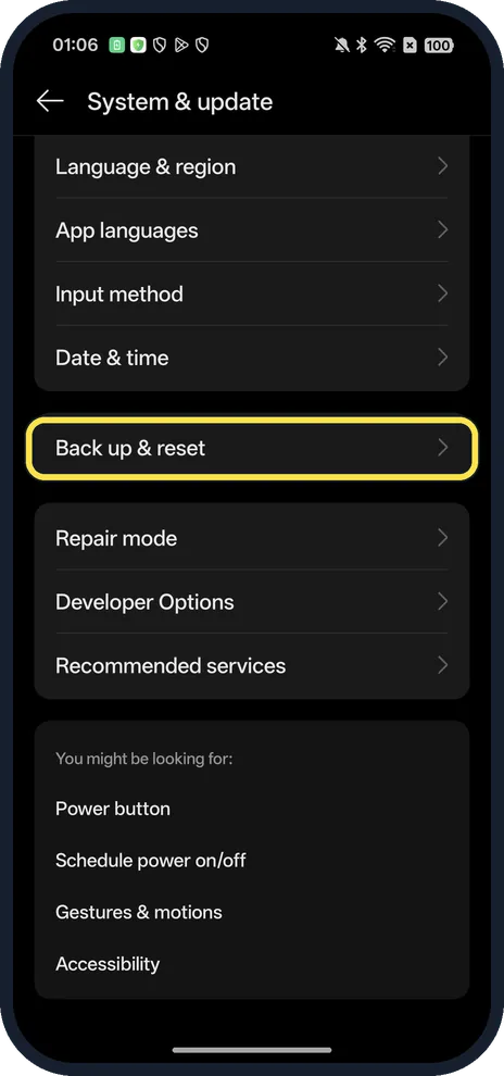 Android screenshot: Tap Back up & reset