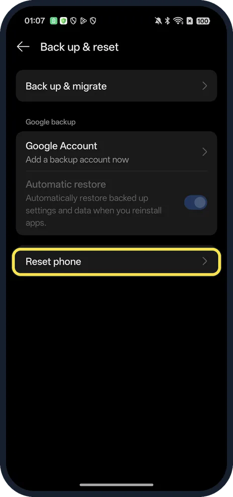 Android screenshot: Tap Reset phone
