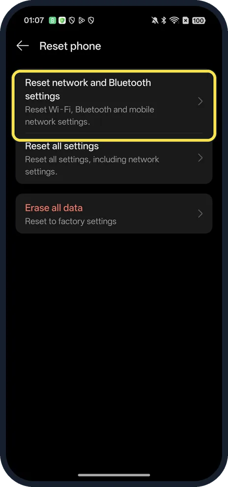 Android screenshot: Tap Reset network and Bluetooth settings