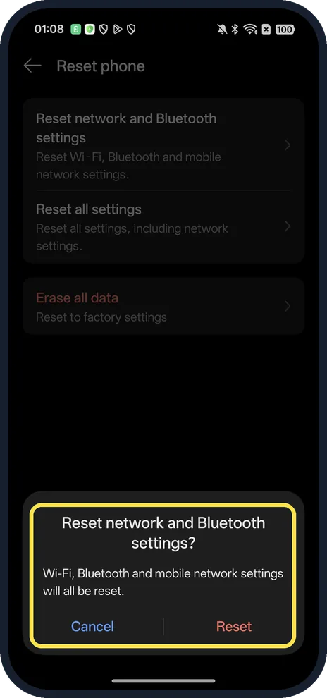 Android screenshot: Tap Reset