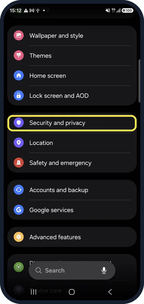 Android screenshot: Open Security and privacy