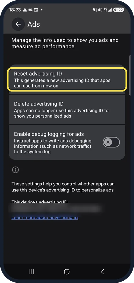 Android screenshot: Reset the ID