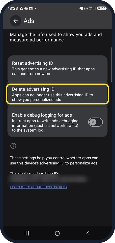 Android screenshot: Or delete the ID