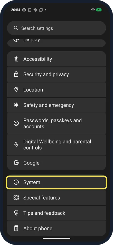 Android screenshot: Open System