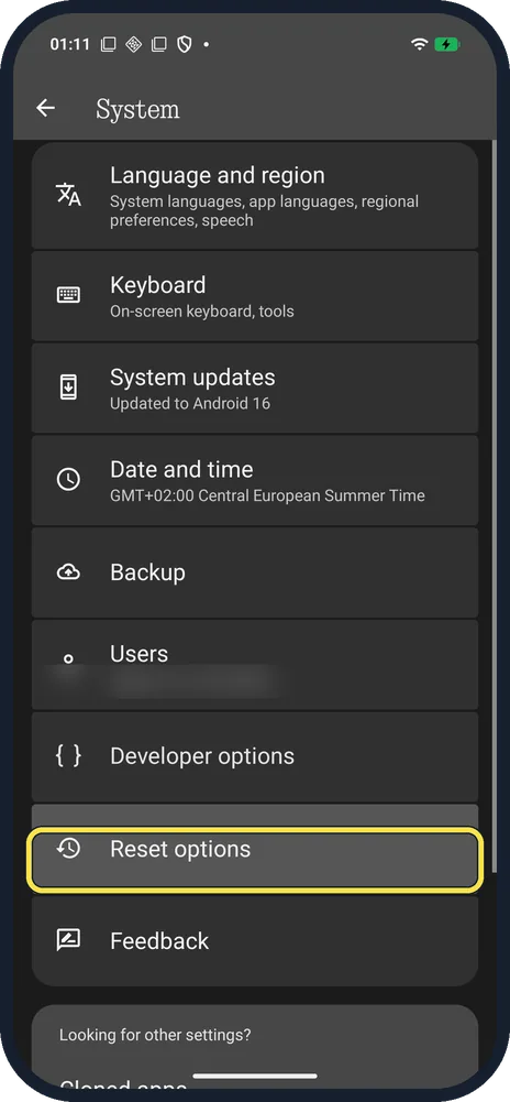 Android screenshot: Tap Reset options