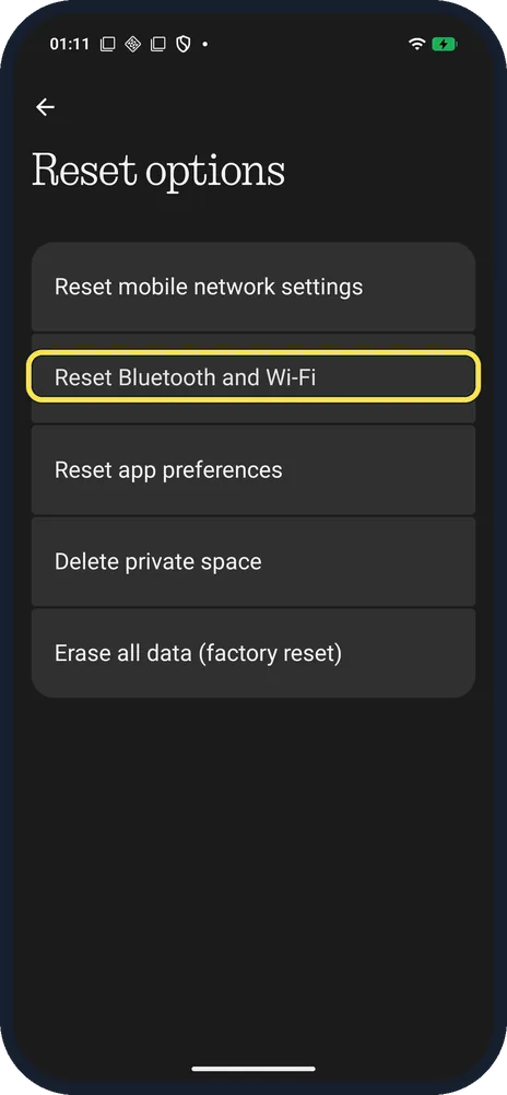 Android screenshot: Tap Reset Bluetooth and Wi-Fi
