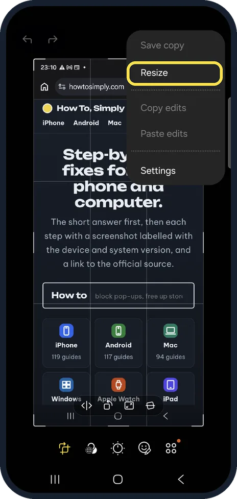 Android screenshot: Open the editor menu