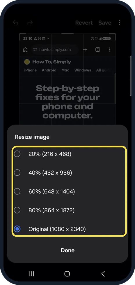 Android screenshot: Pick a size