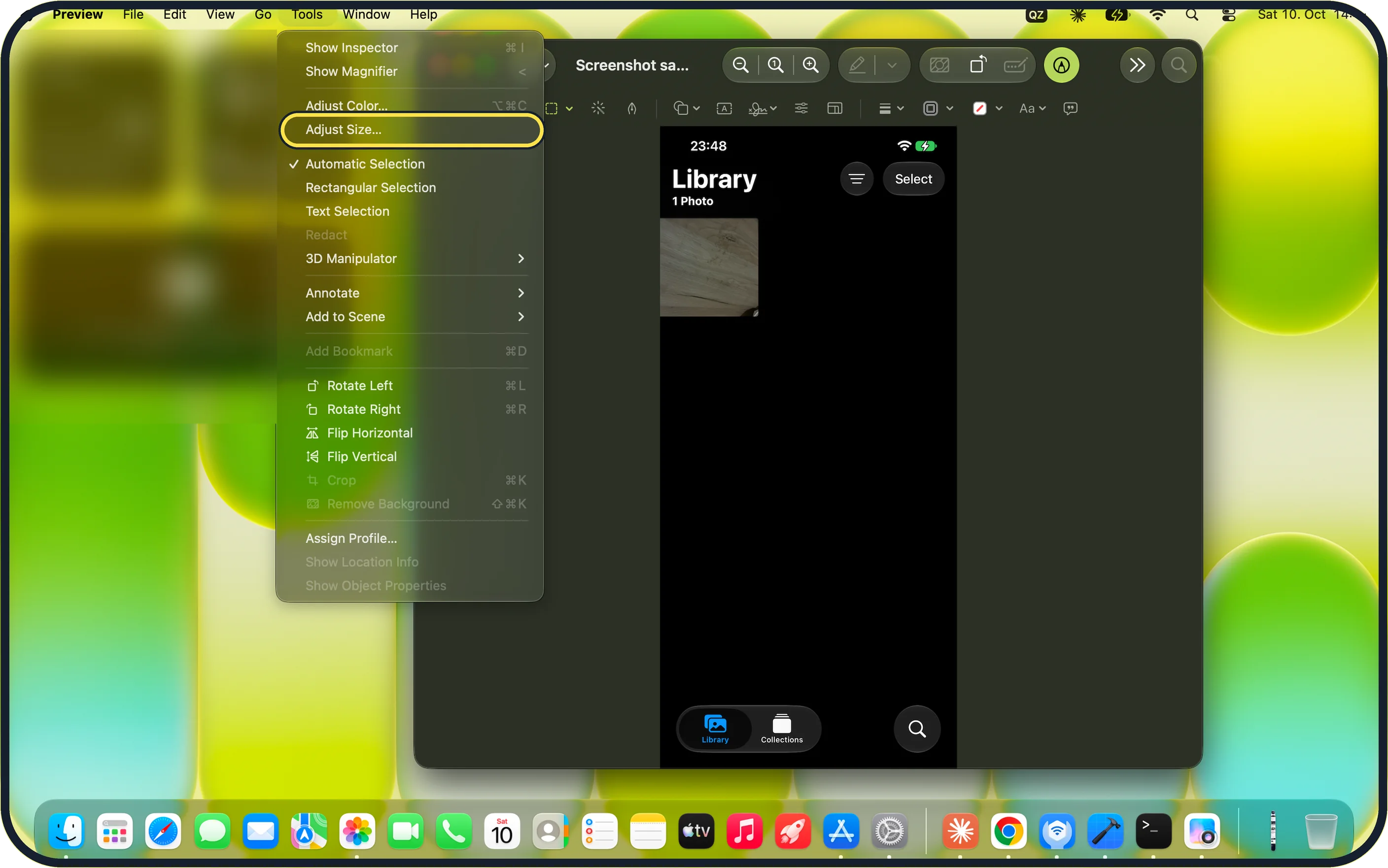 Mac screenshot: Choose Tools, Adjust Size