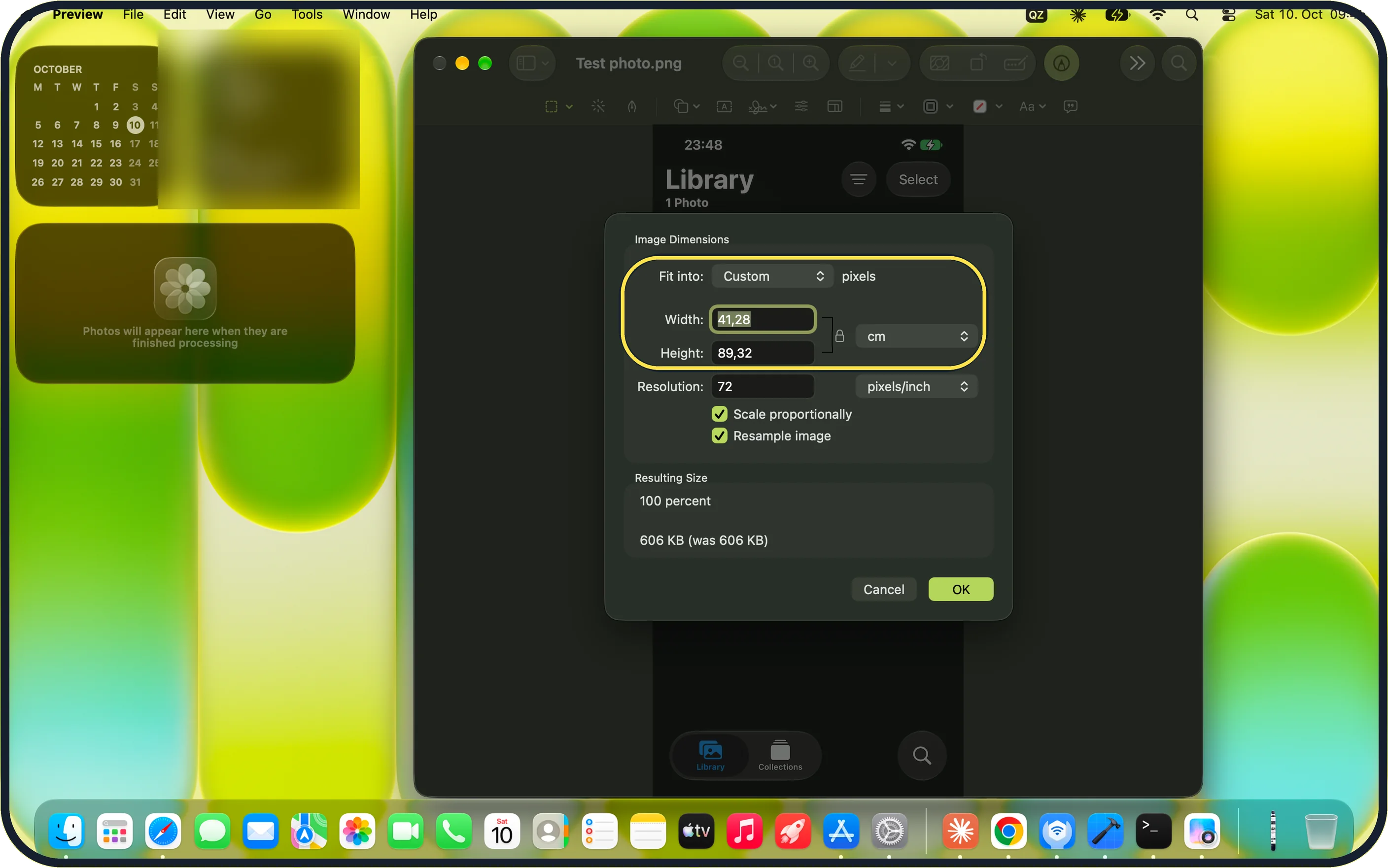 Mac screenshot: Enter the new size