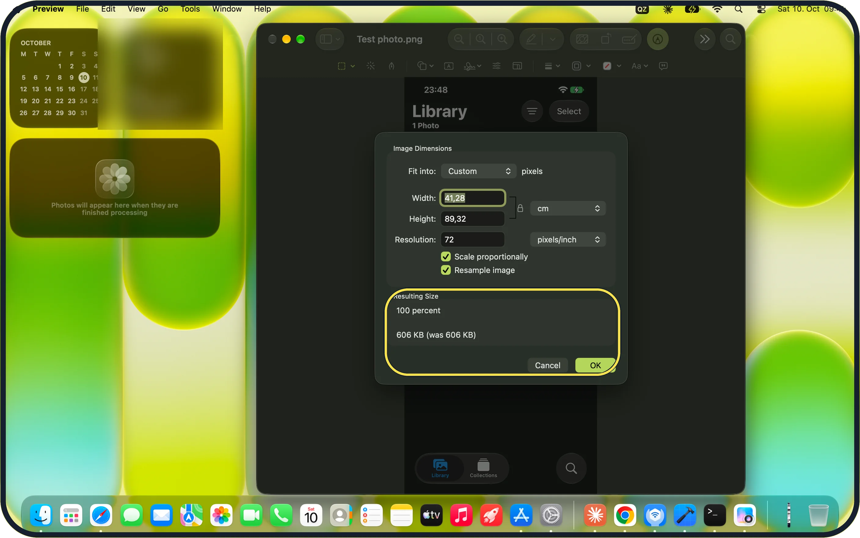 Mac screenshot: Check the resulting size and click OK