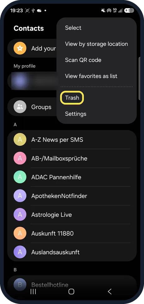 Android screenshot: Open Contacts and tap Trash