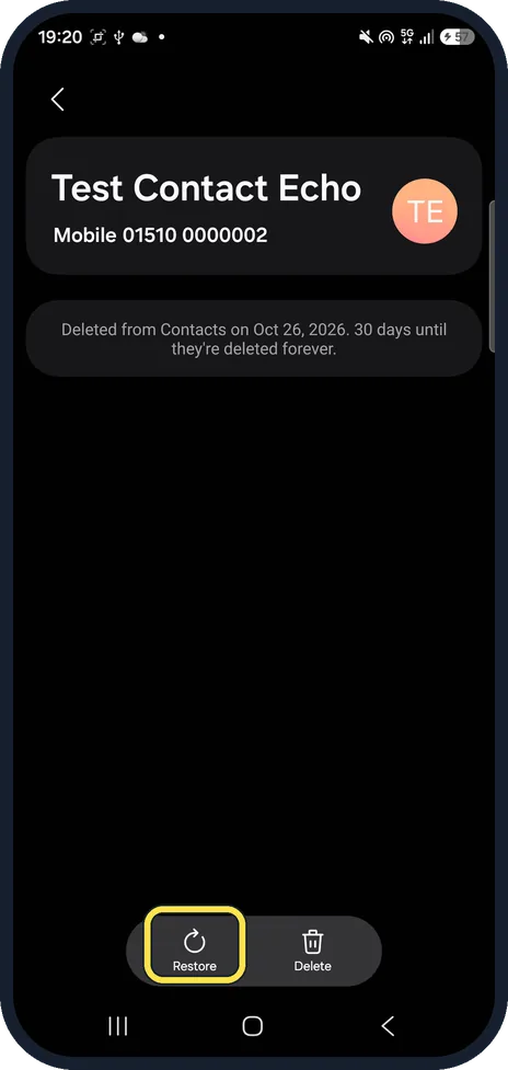 Android screenshot: Tap Restore