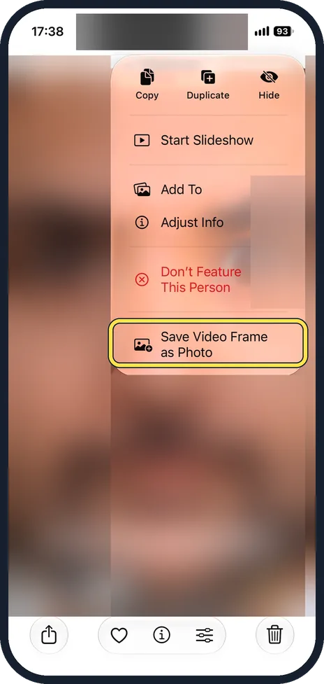 iPhone screen: Tap Save Video Frame as Photo