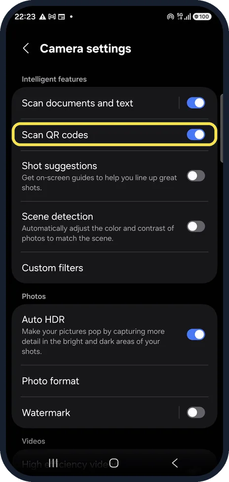 Android screenshot: Turn on Scan QR codes