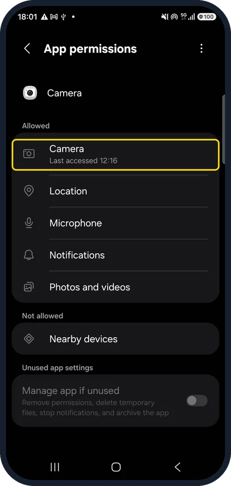 Android screenshot: If nothing happens, check the camera permission