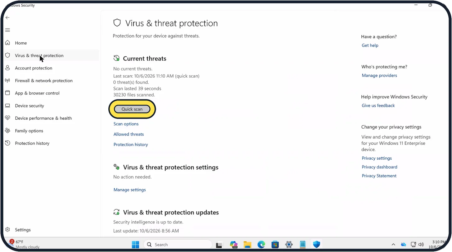 Windows screenshot: Run a quick scan