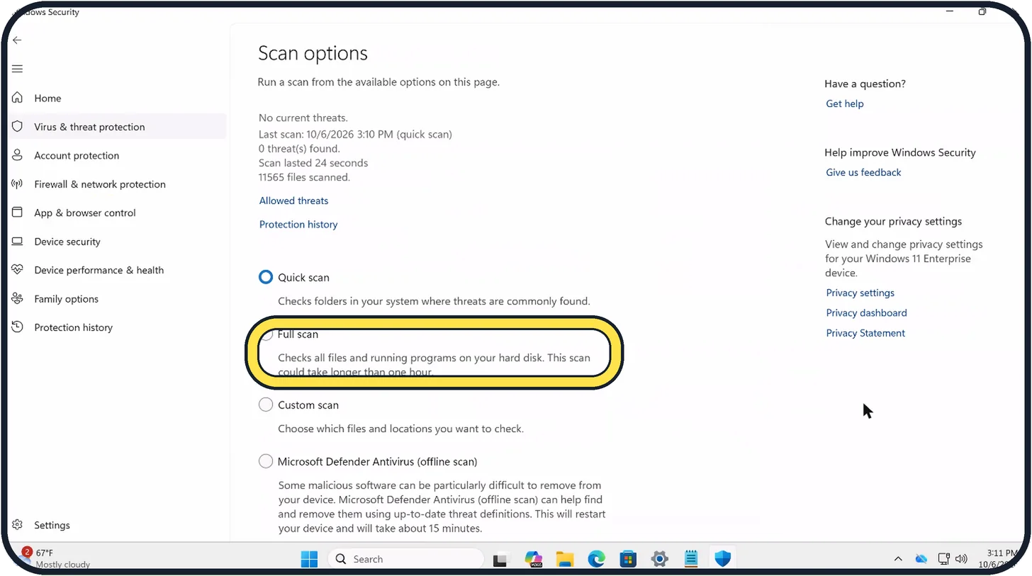 Windows screenshot: Run a full scan if needed