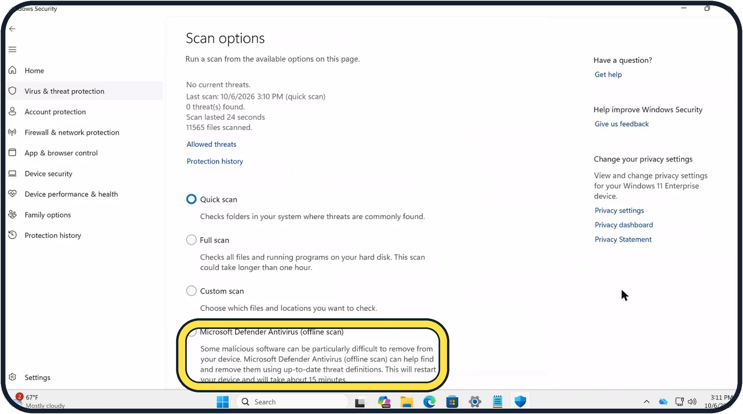 Windows screenshot: Use the offline scan for stubborn malware