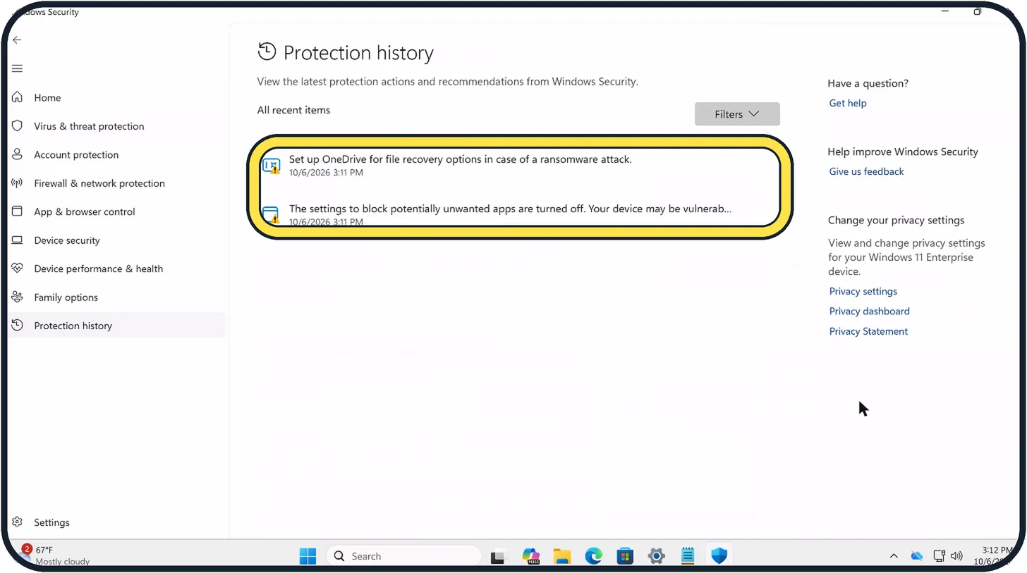 Windows screenshot: Look at Protection history