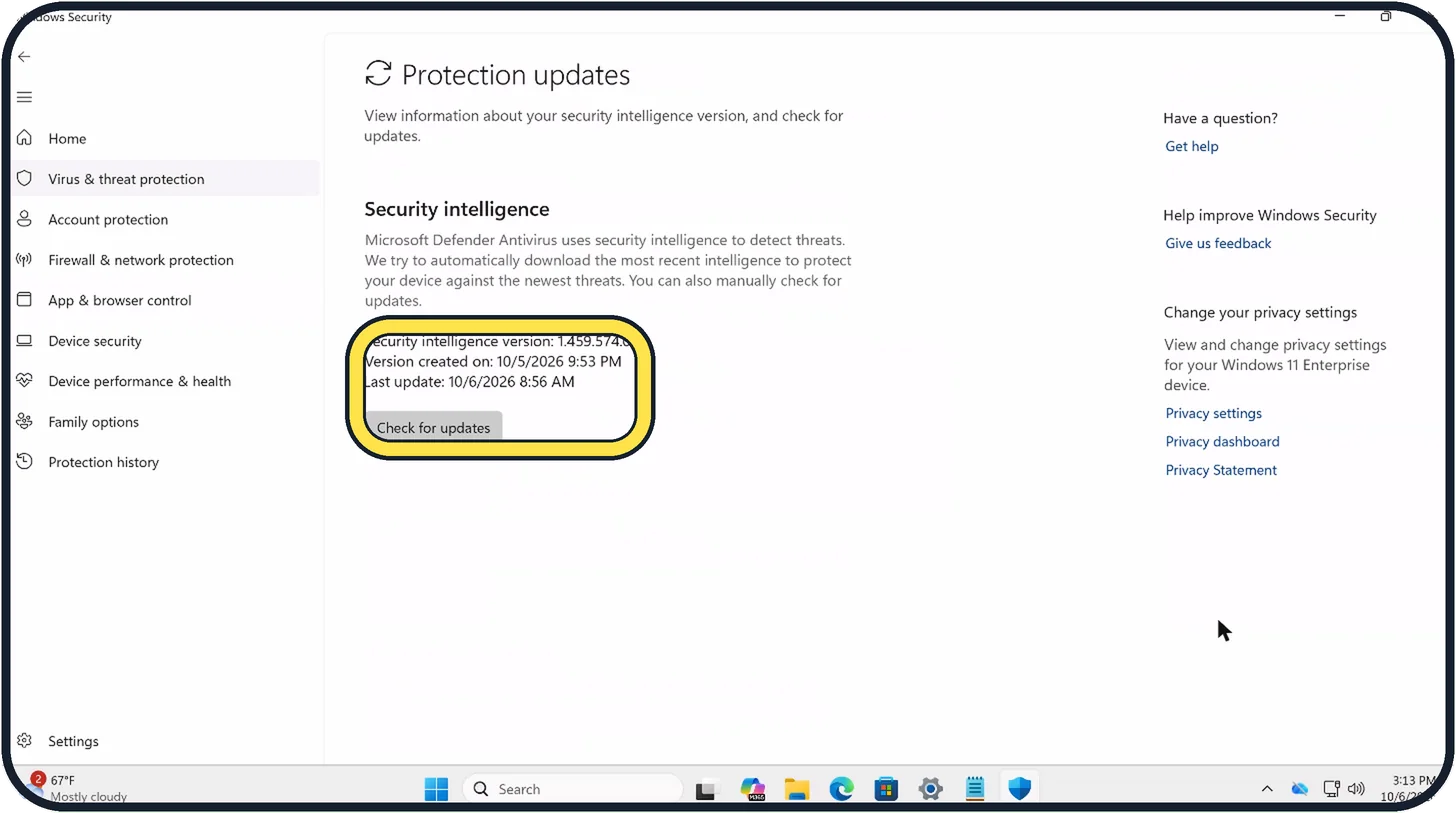 Windows screenshot: Check that protection is up to date