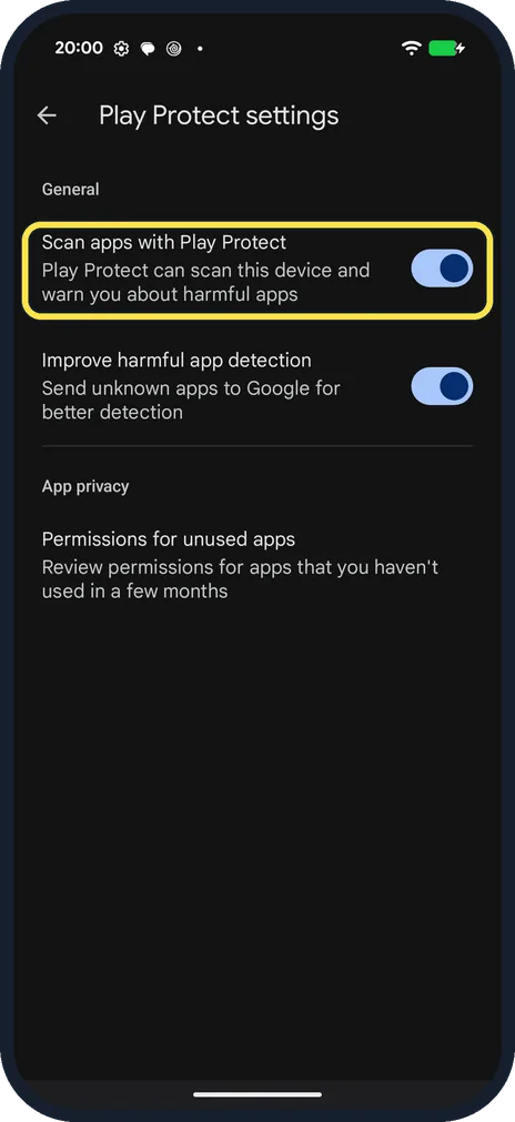 Android screenshot: Check scanning is on