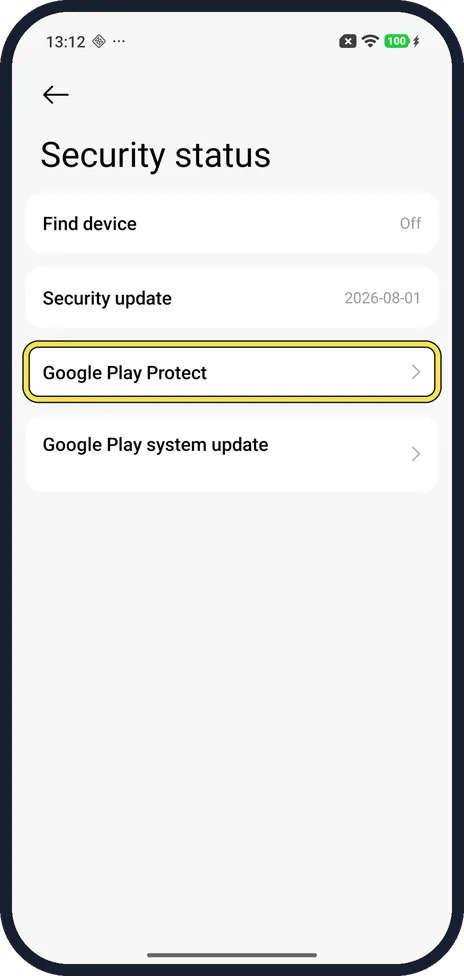 Android screenshot: Tap Google Play Protect