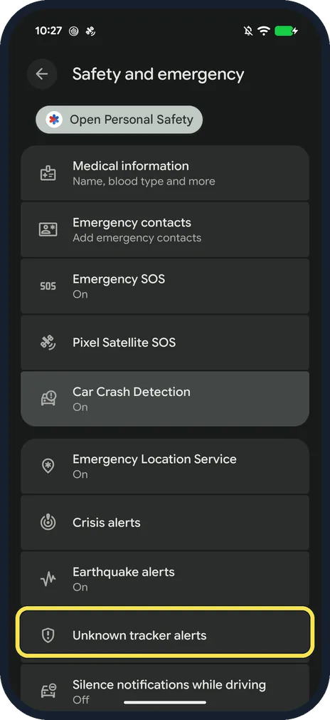 Screenshot from the guide: How to scan for unknown trackers like AirTags on a Google Pixel (Android 17)