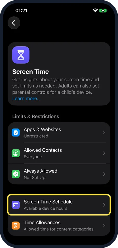 iPhone screen: Tap Screen Time Schedule