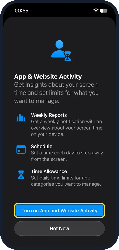 iPhone screen: Turn on App and Website Activity