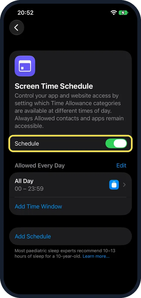iPhone screen: Turn on Schedule
