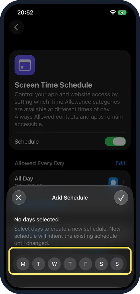 iPhone screen: Optional: add a schedule for some days