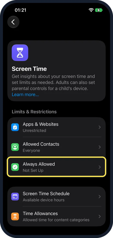 iPhone screen: Tap Always Allowed