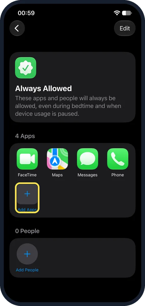 iPhone screen: Tap Add Apps or Add People