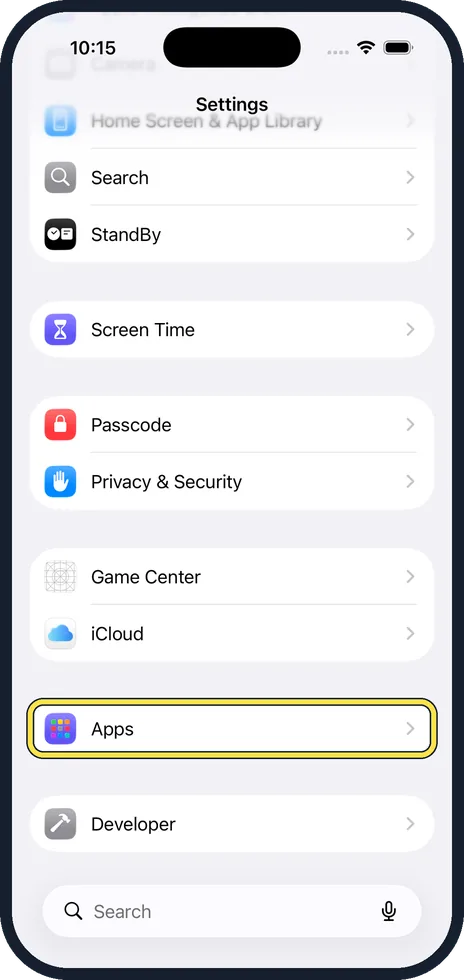 iPhone screen: Open Settings and tap Apps