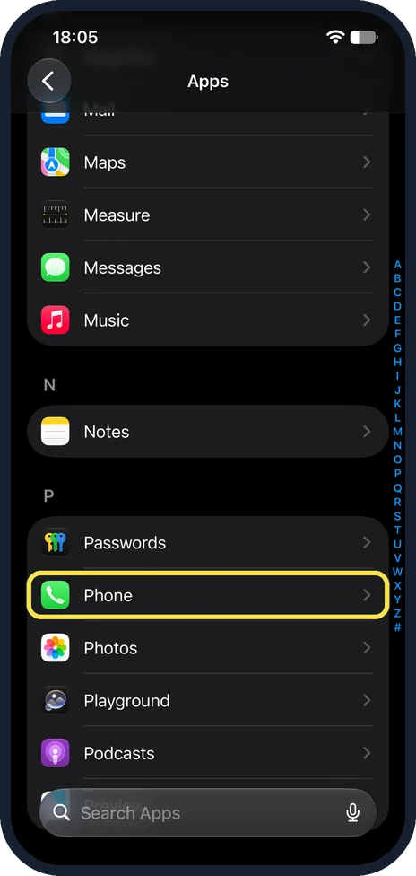 iPhone screen: Tap Phone
