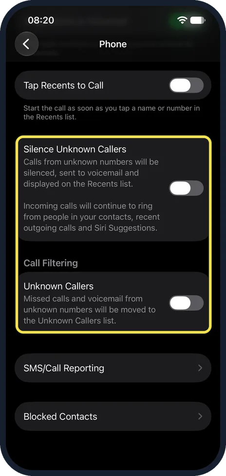 iPhone screen: Switch on Silence Unknown Callers and Unknown Callers