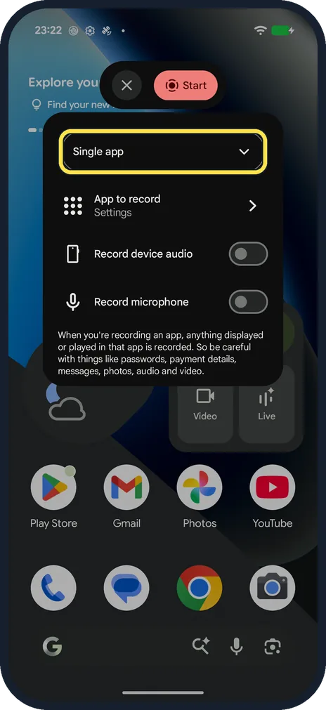 Android screenshot: Tap Single app to change what is recorded