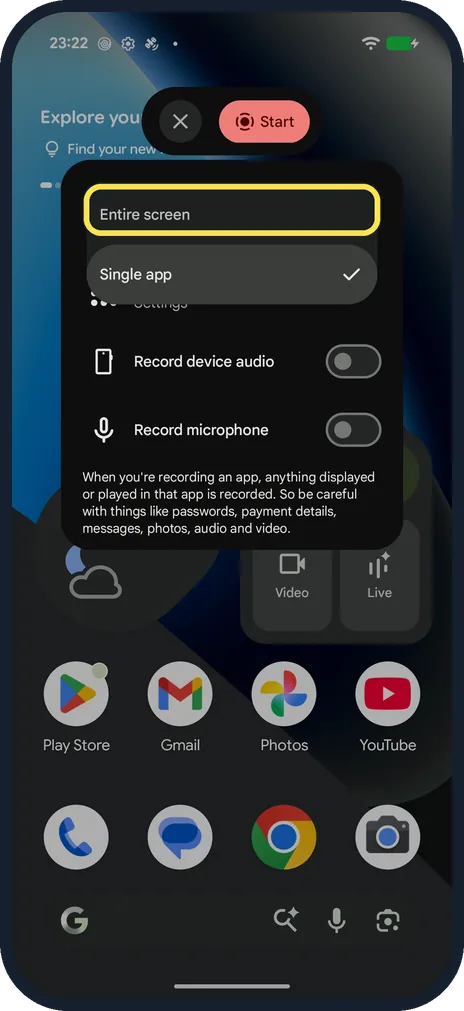 Android screenshot: Choose Entire screen