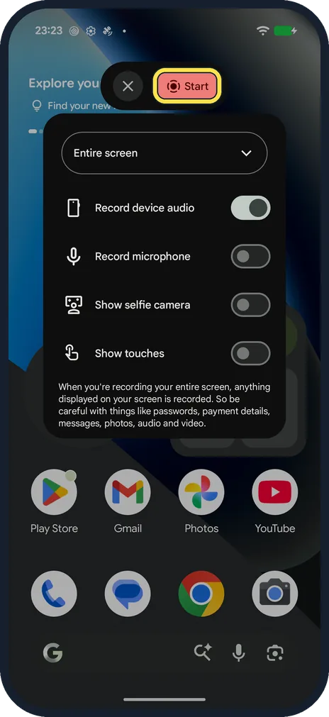 Android screenshot: Tap Start