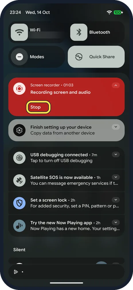 Android screenshot: Tap Stop