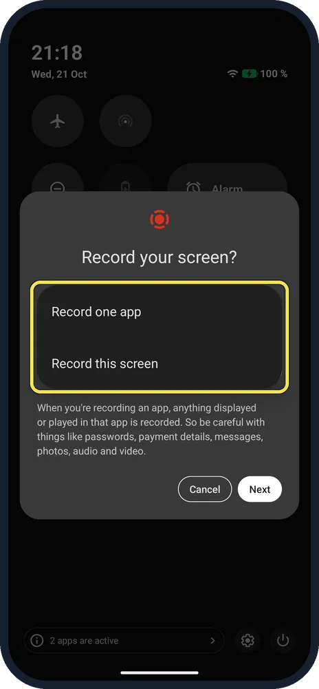 Android screenshot: Choose what to record