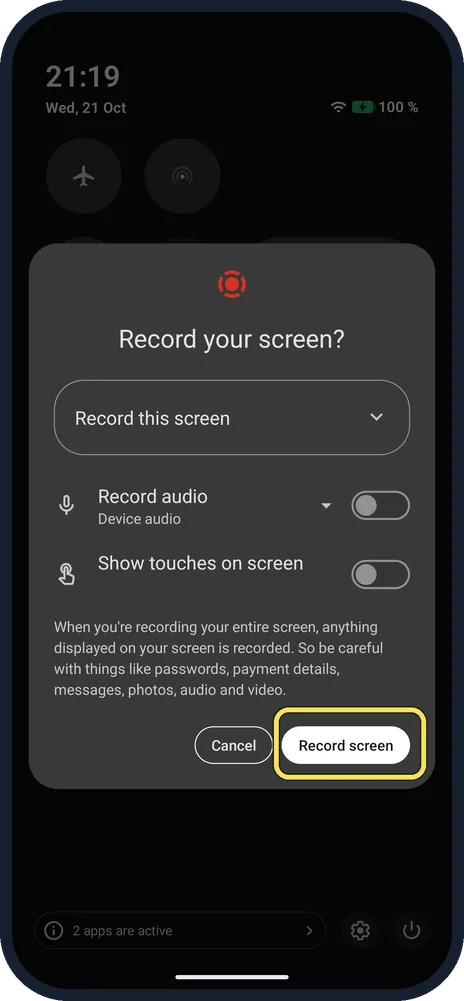 Android screenshot: Tap Record screen