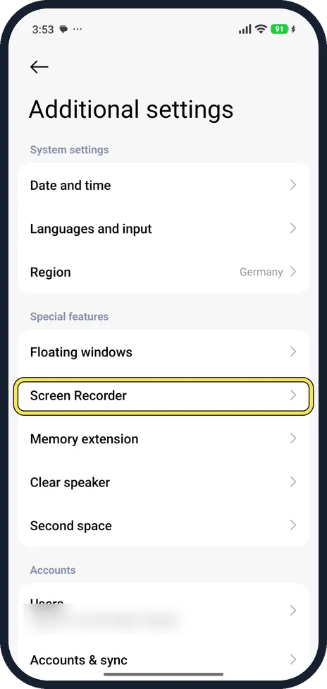 Android screenshot: Open Screen Recorder settings