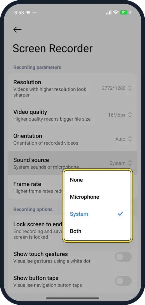 Android screenshot: Choose the sound source